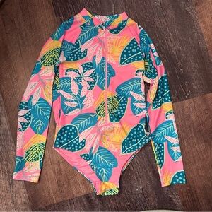 Wave Zone Girls Long Sleeve Zip Front One-Piece Swimsuit - Pink Tropical Print